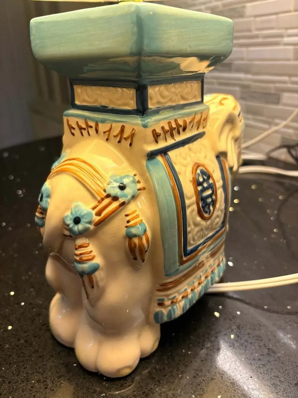 Vintage Ceramic Elephant Table Lamp Blue White Gold Accents With Shade